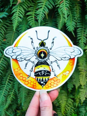 Blessed Bee - Vinyl Sticker Art - Nature Moon Mountain Pagan Pollinator Honeycomb Witchy Magic