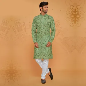 Breathable Green Cotton Printed Kurta