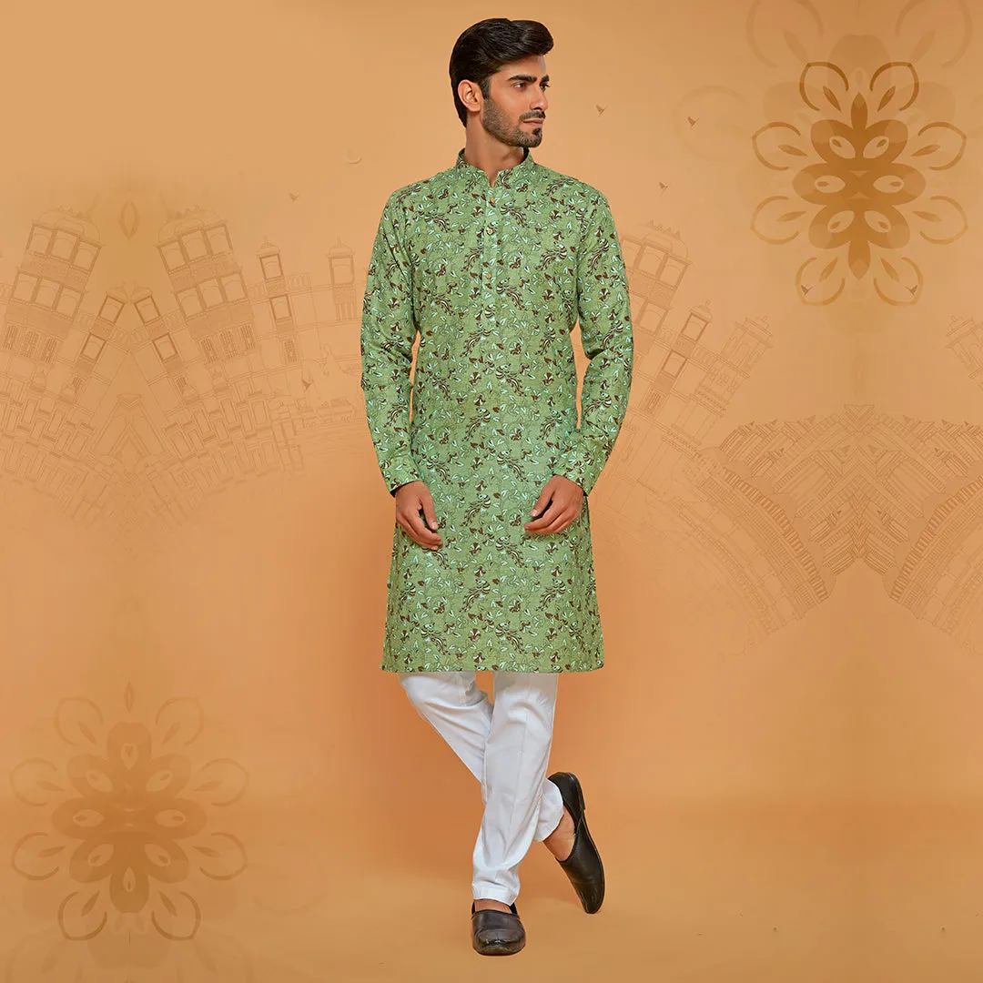 Breathable Green Cotton Printed Kurta