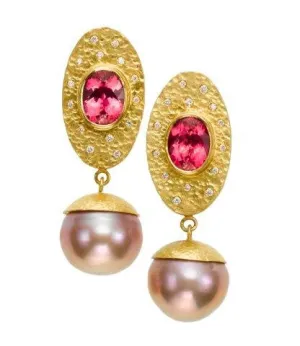earrings / gold hammered 22k   rubelite   pearls   diamonds