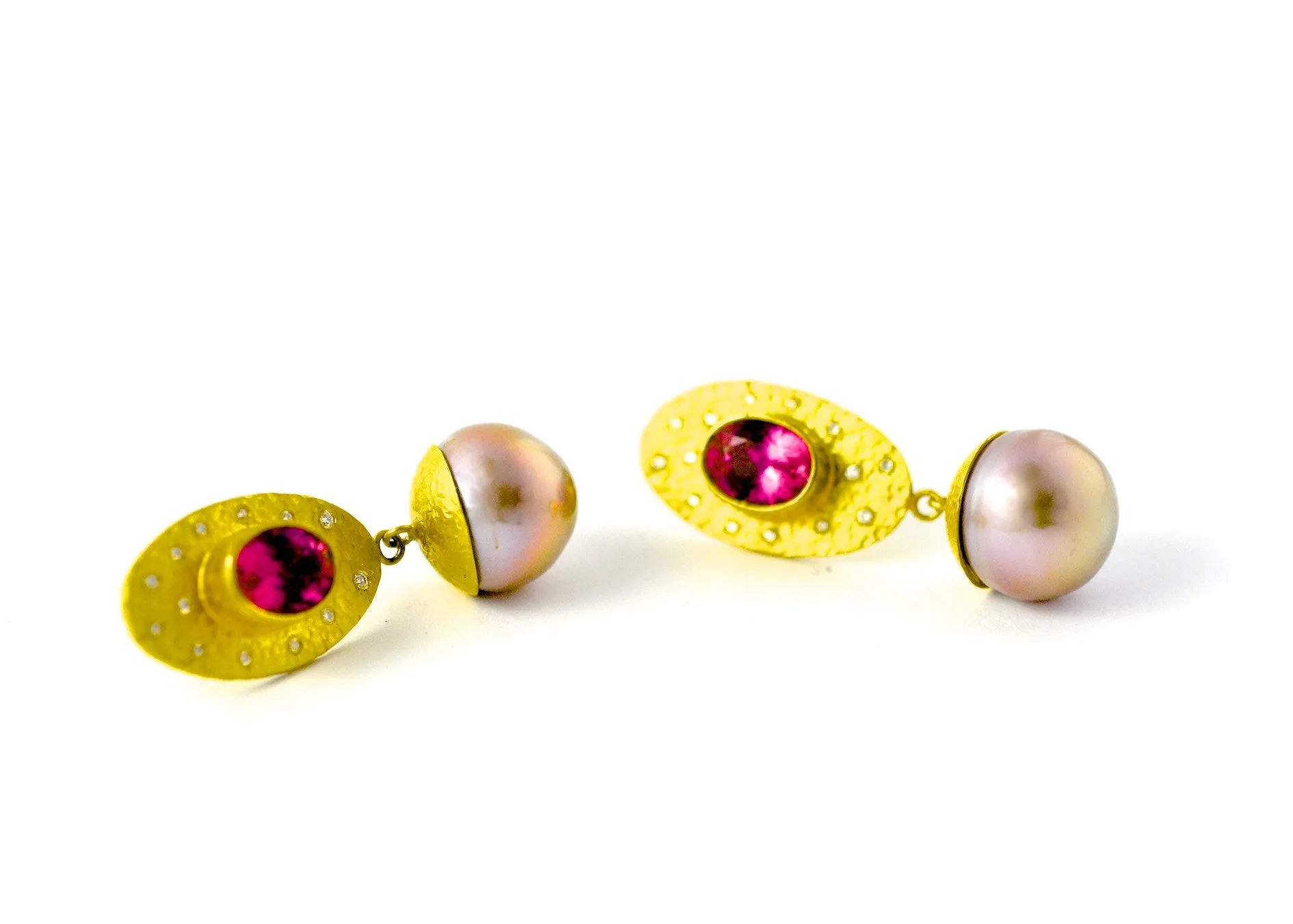 earrings / gold hammered 22k   rubelite   pearls   diamonds