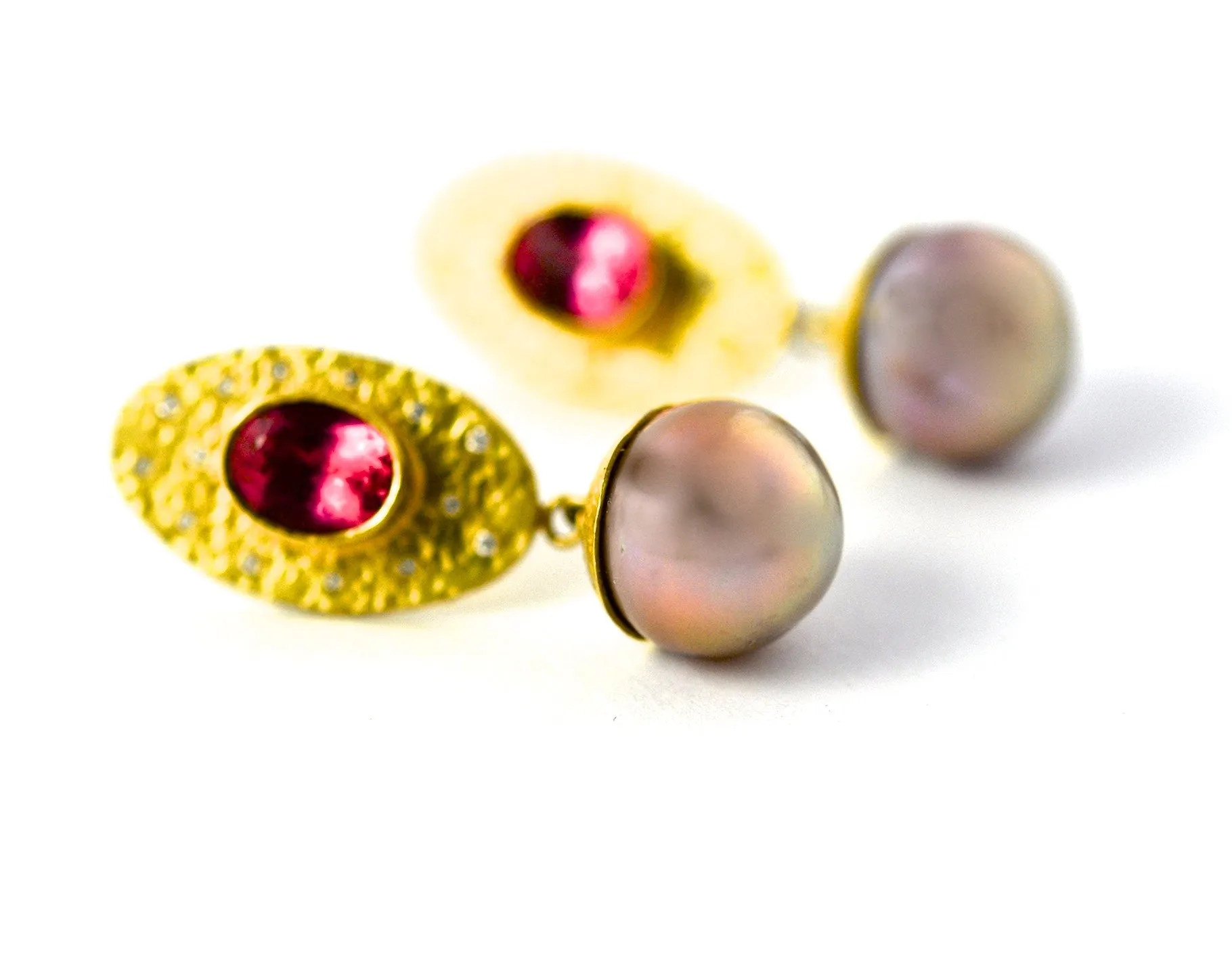 earrings / gold hammered 22k   rubelite   pearls   diamonds