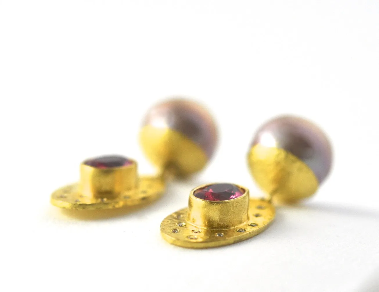 earrings / gold hammered 22k   rubelite   pearls   diamonds