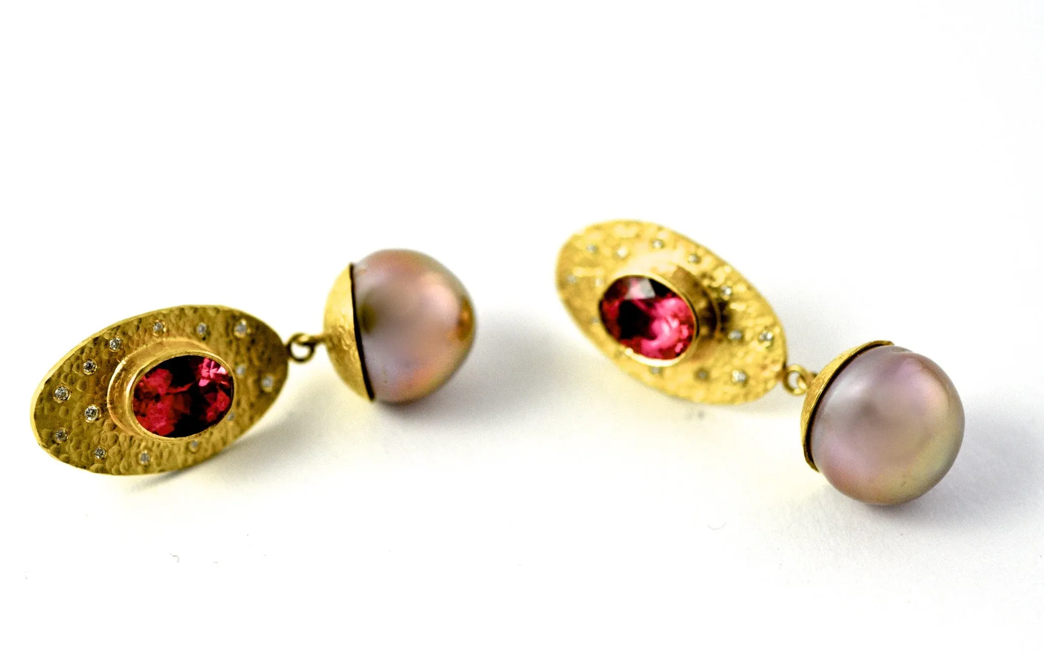 earrings / gold hammered 22k   rubelite   pearls   diamonds