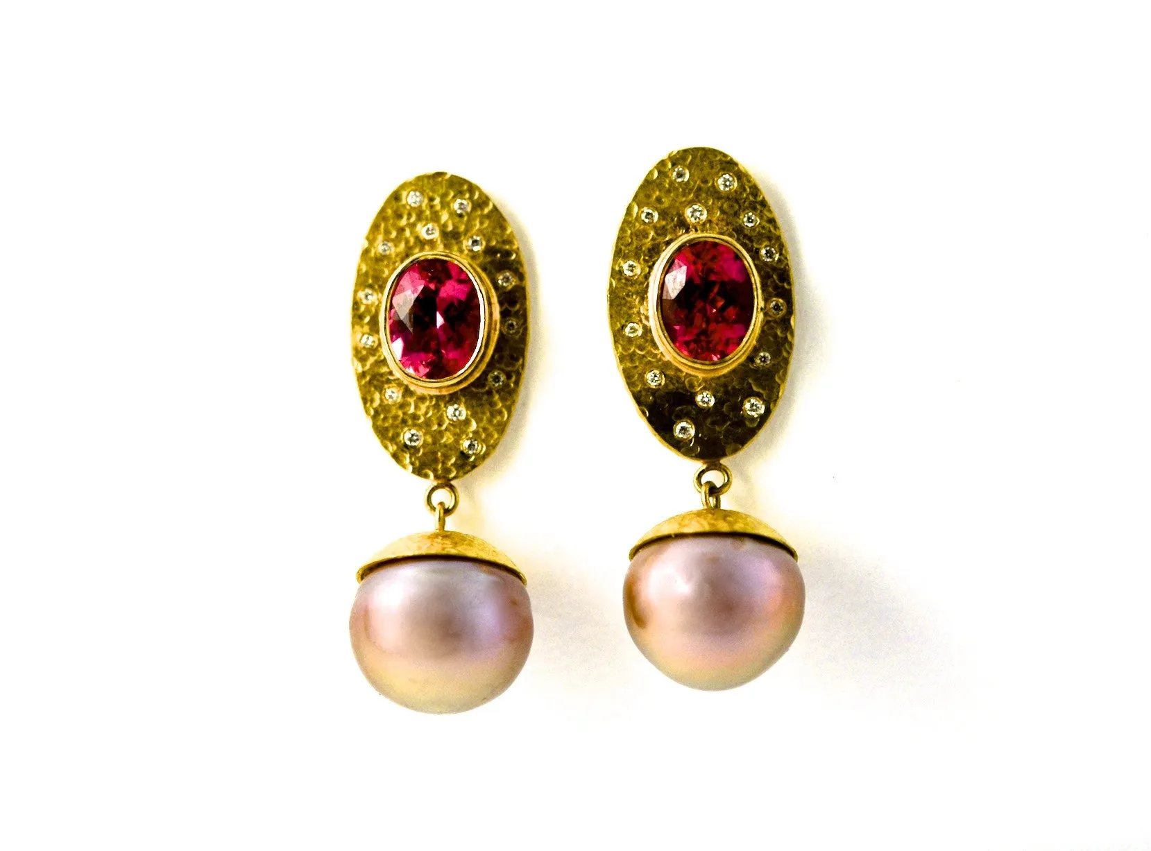 earrings / gold hammered 22k   rubelite   pearls   diamonds