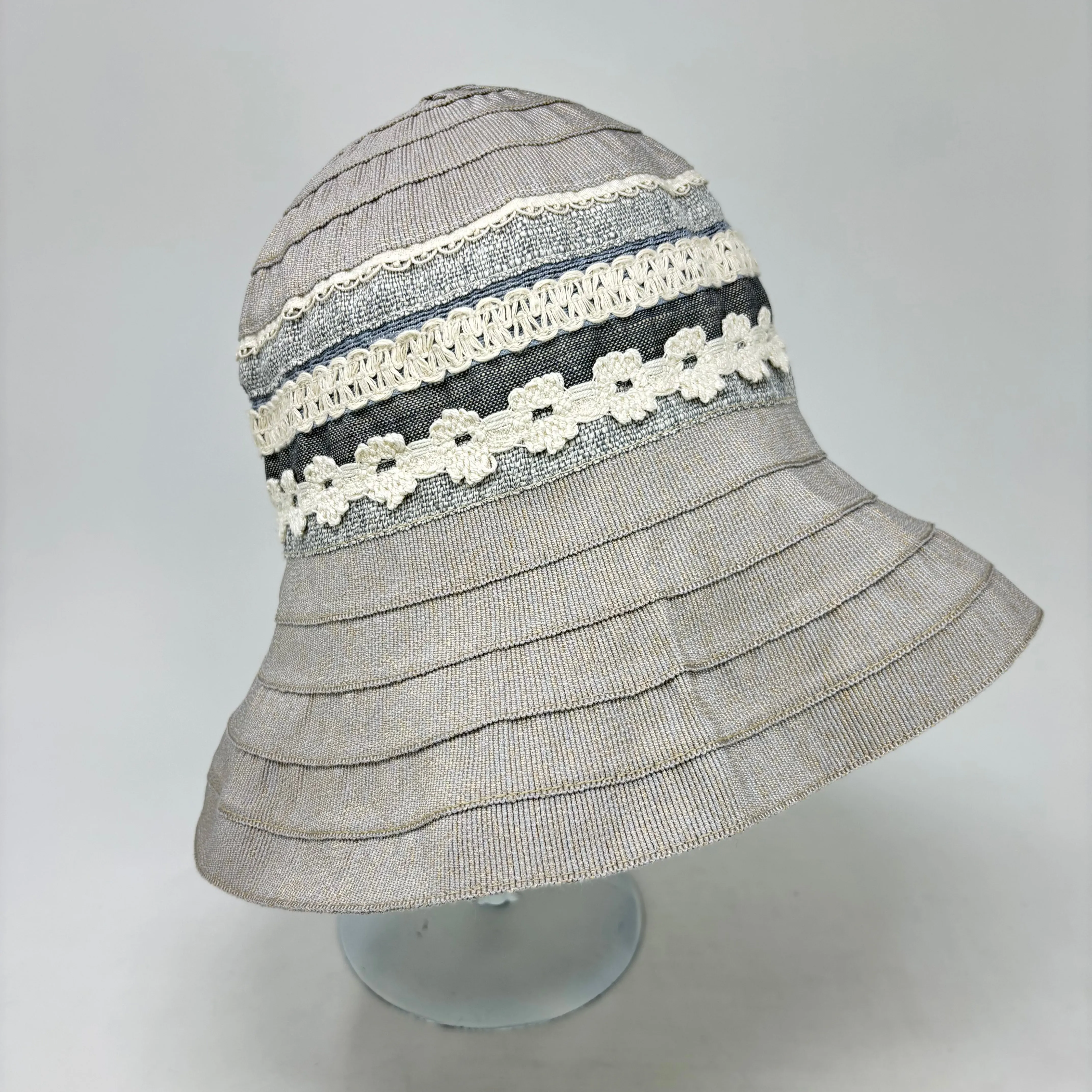 Flax Blend Cloche Hat with Crocheted Floral Detail