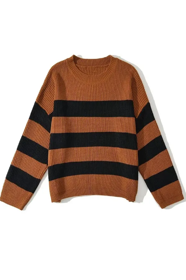 Loose-fitting, Versatile Striped Contrast-color Pullover Knitted Sweater