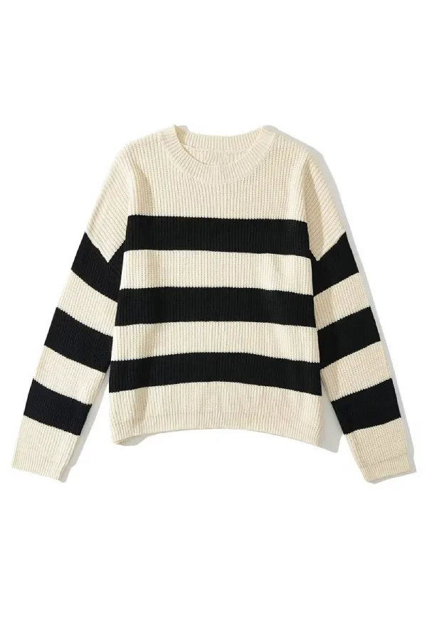 Loose-fitting, Versatile Striped Contrast-color Pullover Knitted Sweater