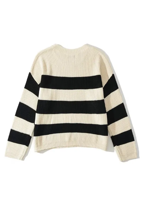 Loose-fitting, Versatile Striped Contrast-color Pullover Knitted Sweater
