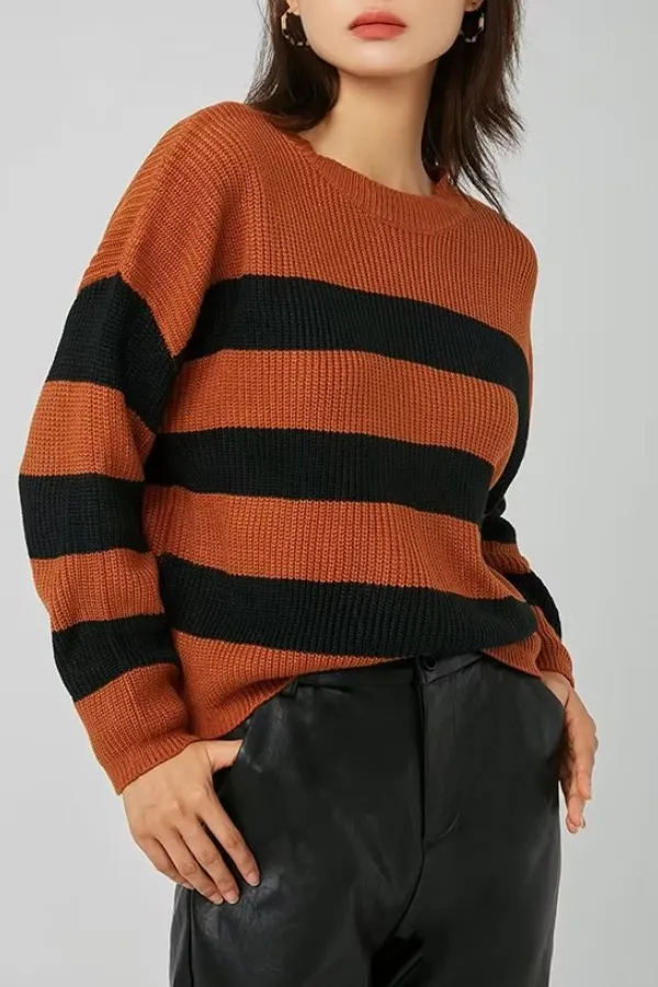 Loose-fitting, Versatile Striped Contrast-color Pullover Knitted Sweater