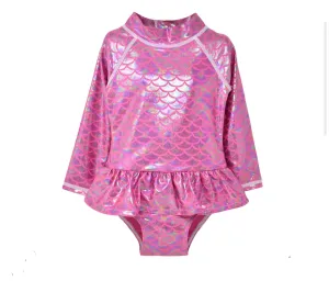 Shiny Pink Scales Alissa Infant Ruffle Rash Guard UPF 50 Swimsuit