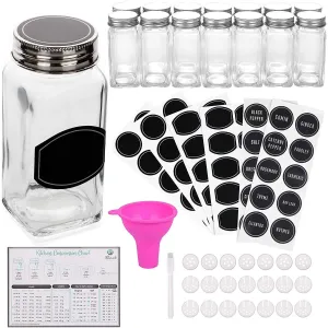 Spice Jars Bottles - 14 Square Glass Containers (4 oz) with 60 Chalkboard Labels, Chalk Marker, Stainless Steel Lid, Shaker Insert Tops and Wide Funnel - Complete Organizer Set